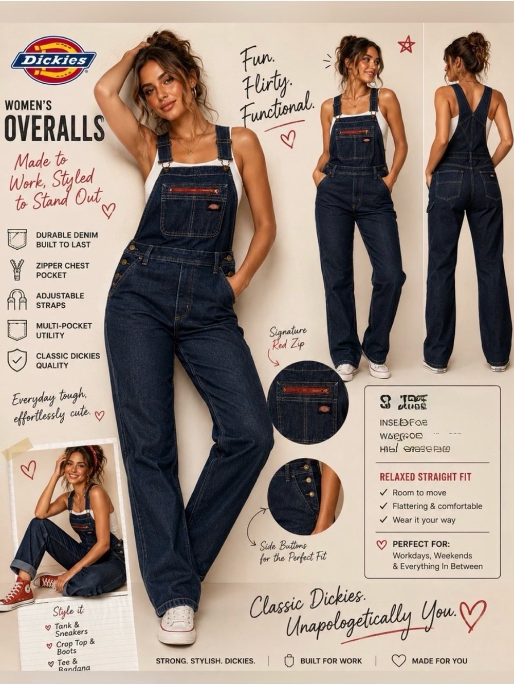 Genuine Dickies Womens FLEX Denim Utility Bib Overall size large
